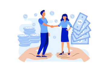 Finance. Financial intermediaries. Men stand on two palms and shake hands, behind them are dollar bills and coins. flat Vector illustration
