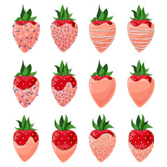 Vector set of coral chocolate covered strawberries decorated with confectionery topping and coconut flakes isolated on white background.