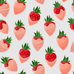 Vector seamless pattern of strawberries in coral chocolate decorated with coconut flakes isolated on grey background.