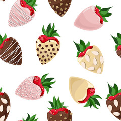 Vector seamless pattern of strawberries in pink, white, milk chocolate with nut crumbs, coconut flakes and almond chips.