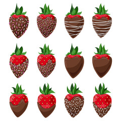 Vector set of strawberries covered with milk chocolate decorated with confectionery topping and coconut flakes isolated on white background.