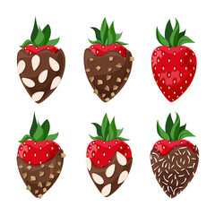 Vector set of strawberries in milk chocolate with nut crumbs, coconut flakes and almond chips isolated on white background.