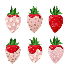 Vector set of strawberries in pink chocolate with nut crumbs, coconut flakes and almond chips isolated on white background.