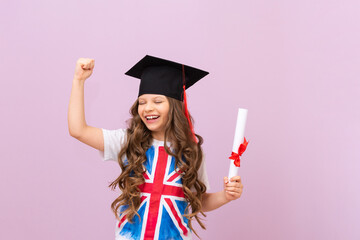 School education and obtaining a certificate. Learning English in courses. A cheerful schoolgirl in...