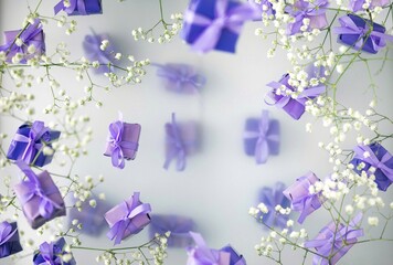 A multi-layered postcard made of gift boxes in a fashionable, trendy very peri color with white flowers on a foggy background. Happy women day and Valentine's Day greeting card concept