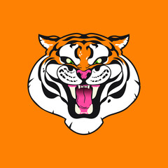 Roaring tiger. Cartoon-style mascot head.