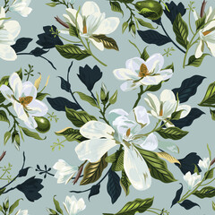 Pattern with flowers and magnolia buds on a light gray background. Vector realistic flowers, branches, leaves for textiles, notepad © Elena Budarina