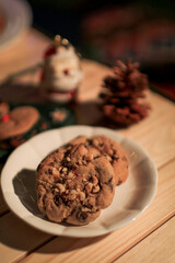 Chocolate cookies on dark background. Freshly baked. Selective Focus with Copy space.