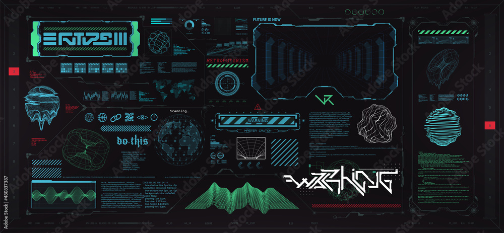 Aufkleber futuristic cyberpunk hud elements template set. future and digital shapes box - frames, digital lett