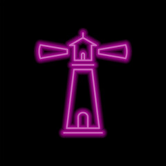 Fototapeta premium Lighthouse simple icon. Flat desing. Purple neon on black background.ai