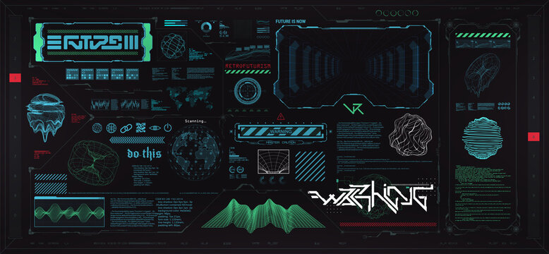 Futuristic cyberpunk HUD elements template set. Future and digital shapes box - frames, digital lettering, HUD elements, info bars. Retro futuristic concept. Sci-fi, FUI, cyberpunk graphic set. Vector