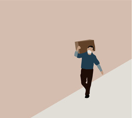 Delivery man wearing face mask with shopping box. Postman and express grocery delivery service during covid19 pandemic. Vector illustration art