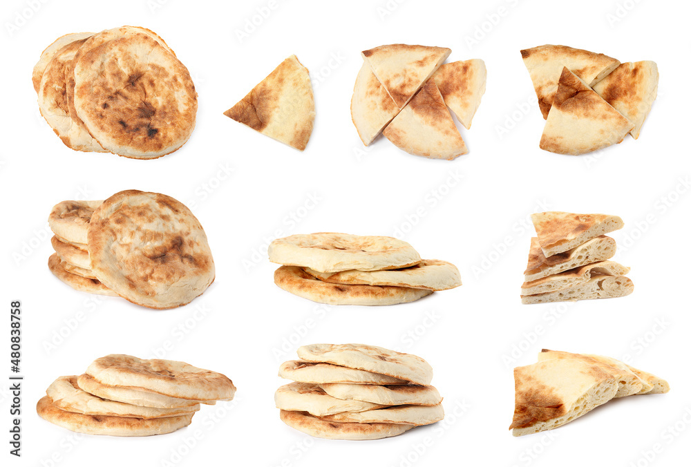 Wall mural set with tasty pitas on white background