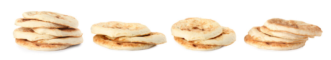 Set with tasty pitas on white background. Banner design