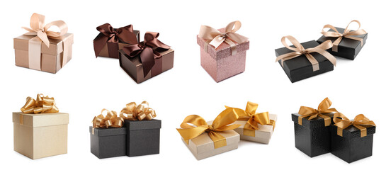 Set with beautiful gift boxes on white background. Banner design