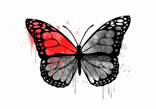 Decorative watercolor grunge butterfly for your design. Hand drawn colorful butterfly with stains and drops of paint.