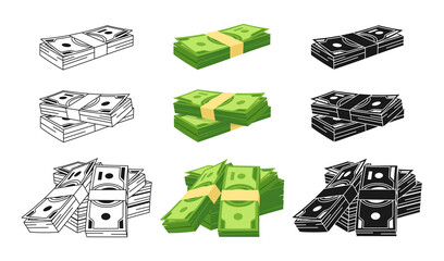 Money cash dollar pile cartoon or stamp, doodle outline set. Heap bank currency. Hundreds paper stack dollars bundle bill. Flat huge packed banknotes, accumulation finance debt. Vector illustration