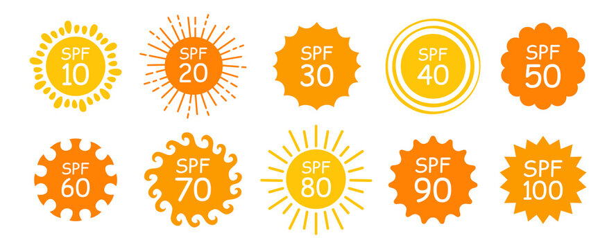 Sun protection sunblock sign set. Solar shine SPF suns defense symbol collection. Safe summer beach suntan icon. Simple protect from uv radiation sunbeams vector design elements