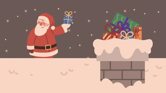 merry christmas animation with santa and gifts in chimney