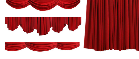 Set with beautiful red curtains on white background. Banner design
