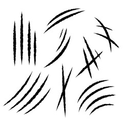 Fototapeta premium Cat scratches set. Animal claws marks collection in black. Monster or dinosaur attack slash stripes on white background. Vector illustration