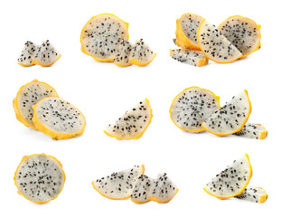 Set with delicious yellow dragon fruits (pitahaya) on white background