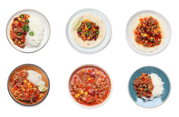Set with tasty chili con carne on white background, top view