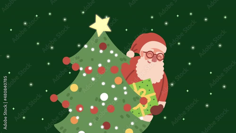 Poster happy merry christmas animation with santa and tree