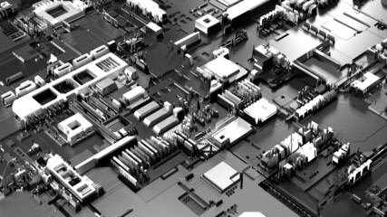 Futuristic style circuit board concept 3d render in black and white