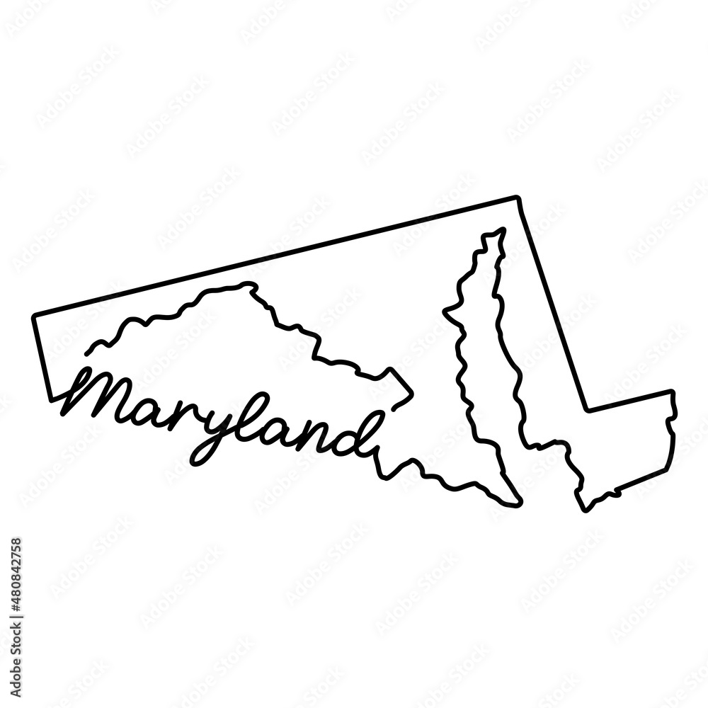 Poster maryland us state outline map with the handwritten state name. continuous line drawing of patriotic 