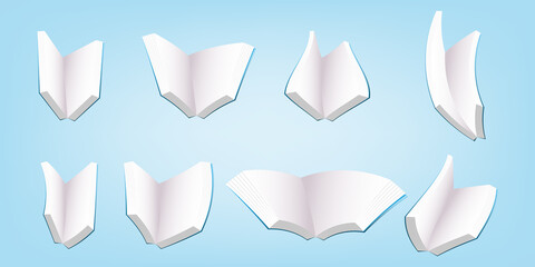 3D cartoon set collection opened blue book flying, levitate as air plane, spaceship in different position angle.