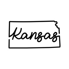 Kansas US state outline map with the handwritten state name. Continuous line drawing of patriotic home sign. A love for a small homeland. T-shirt print idea. Vector illustration.