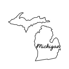 Michigan US state outline map with the handwritten state name. Continuous line drawing of patriotic home sign. A love for a small homeland. T-shirt print idea. Vector illustration.