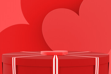 Abstract mockup valentines scene. the red heart platform on the red gift box. 3d rendering