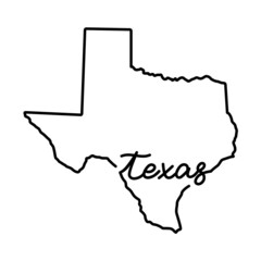 Texas US state outline map with the handwritten state name. Continuous line drawing of patriotic home sign. A love for a small homeland. T-shirt print idea. Vector illustration.