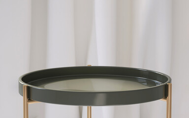 3D render of an empty round premium teal green side table with golden legs for products display. White wavy sheer curtain in background. Podium, Overlay, Backdrop, Shinny, Brass, Luxury, Modern.