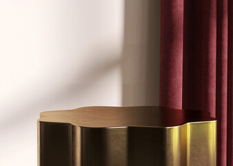 3D render an empty shiny golden podium or table inside the room with red burgundy curtain in...