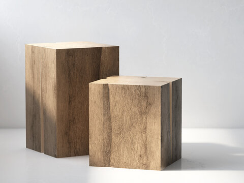 3D Render Background Wood Podium For Products Presentation Or Display. Natural Teak Decorative Stool Logs With Beautiful Sunlight And Shadow. Eco, Sustainable, Concept, Stand, Overlay, Mock Up, Step