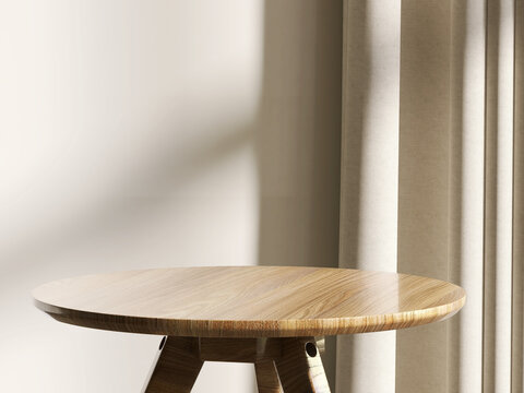 3D render close up of an empty teak wood round table inside the room with linen curtain in background, beautiful morning sunlight showing window frame shadow. Space, Blank, Mockup, Products display.