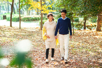 妊娠中の妻と手を繋いで、秋の公園を散歩する夫