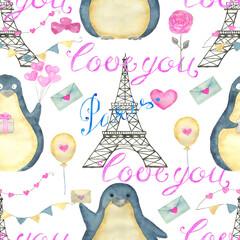 Design set with adorable kawaii penguin bird with hearts and love symbols isolated on white, concept for Valentine's Day greeting card