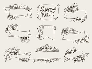 Floral ribbon banner hand drawing. Hand drawing flower, wreath, line art element design wedding.