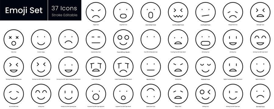 Outline Set of Emoji Icons. Editable stroke icons Collection contains such Icons as positive, negative emotions, refusal, silence, thinking and more