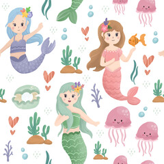 Mermaid seamless pattern background. Cute little Mermaid and fish underwater background for print.