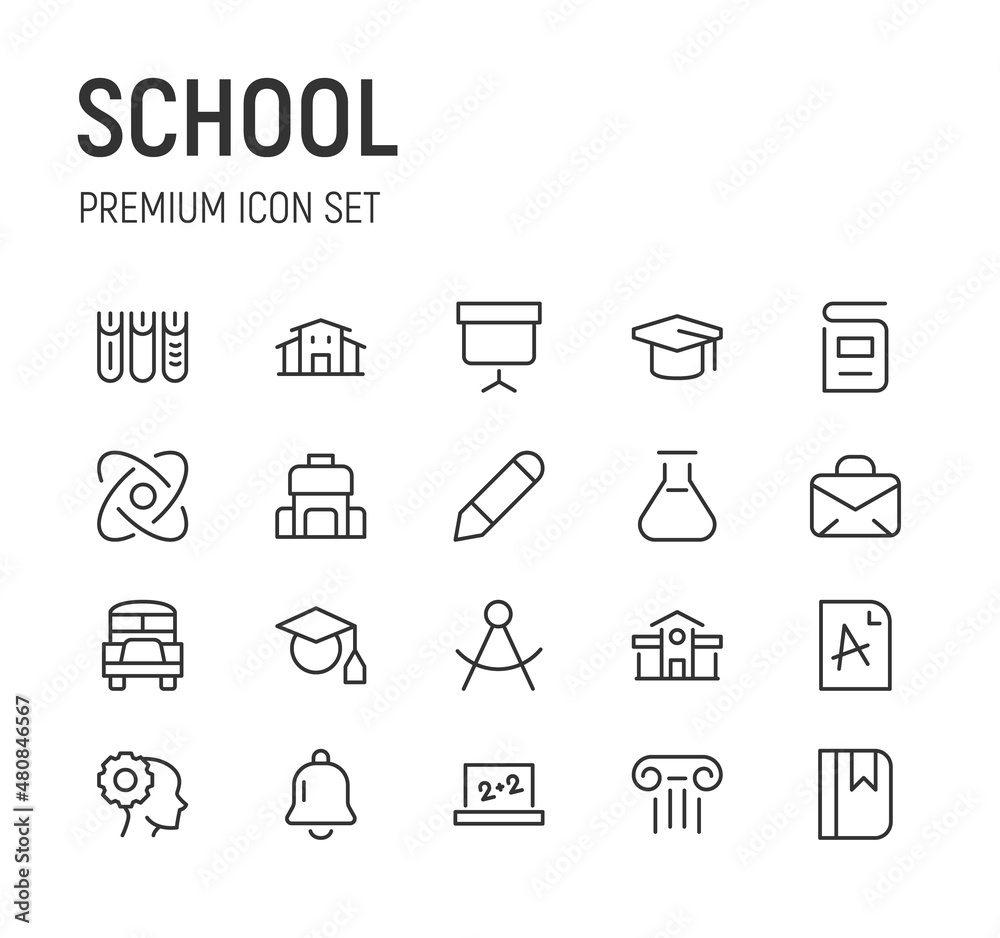 Sticker Set of school line icons.