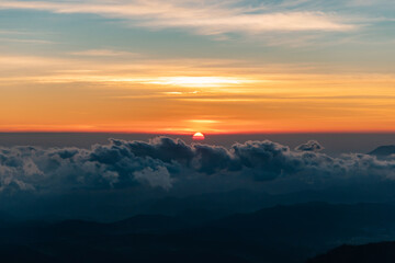 Amazing Golden Sunrise With Amazing Views On The Top Of Sikunir Hills, Dieng Plateau, Central Java, Indonesia