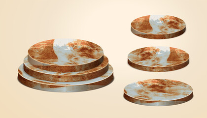 Podium rusty metal product display, Platforms presentation mock up show cosmetic  stage pedestal design, Vector illustration