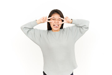 Showing Peace Sign Of Beautiful Asian Woman Isolated On White Background