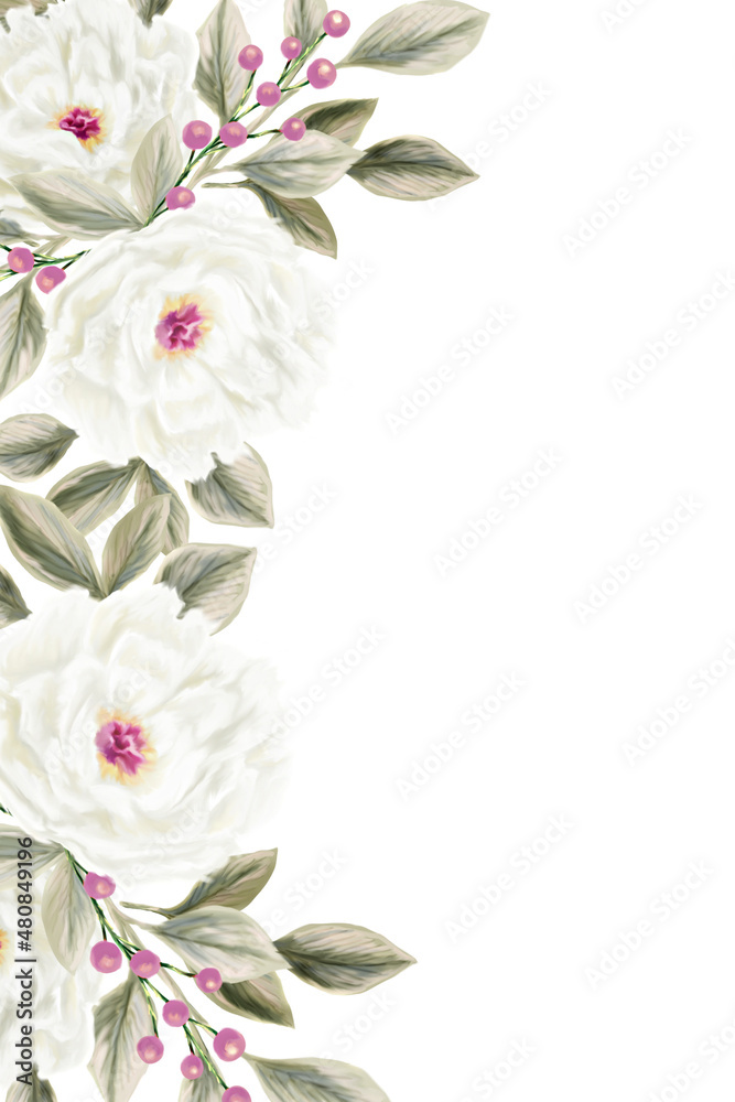 Wall mural Spring flowers. Greeting card design. Botanical decoration for wedding invitations. Arrangement of pink and white wildflowers.