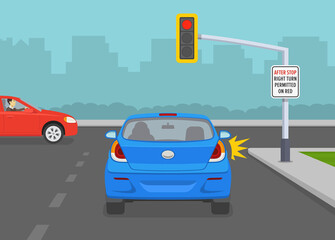 Safety car driving and traffic regulating rules. Give way rules at traffic lights. After stop right turn permitted on red. Flat vector illustration template.